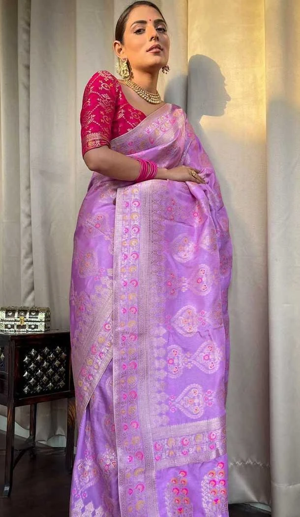 Lavender Color Banarasi Soft Silk Zari Weaving Work Casual Wear Saree - 7099174277 