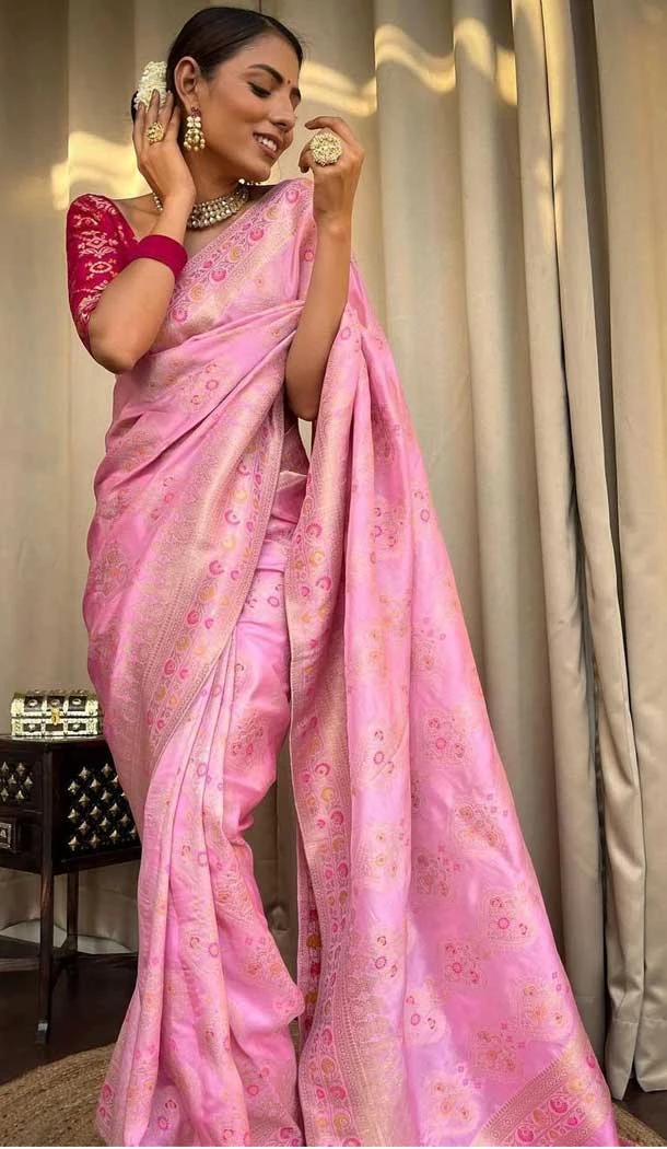 Onion Pink Color Banarasi Soft Silk Zari Weaving Work Casual Wear Saree - 7099174278 