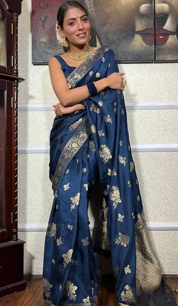 Banarasi Soft Silk Blue Color Zari Weaving Work Function Casual Wear Saree - 7100174283