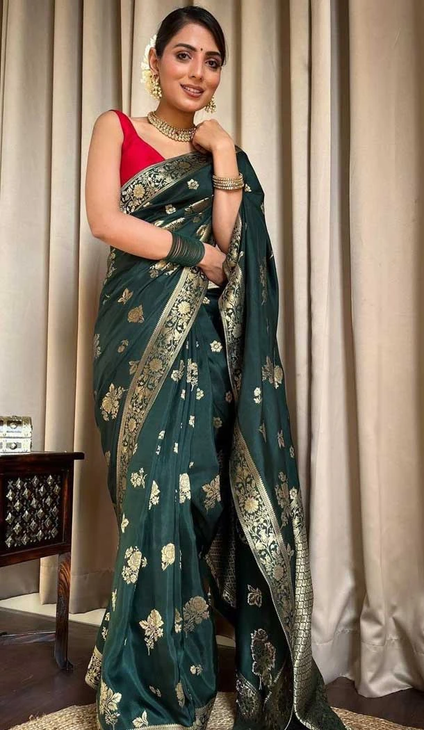 Banarasi Soft Silk Green Color Zari Weaving Work Function Casual Wear Saree - 7100174284