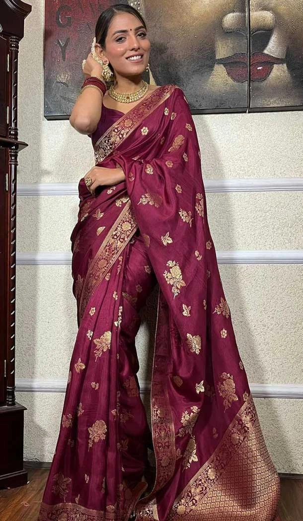 Banarasi Soft Silk Wine Color Zari Weaving Work Function Casual Wear Saree - 7100174285
