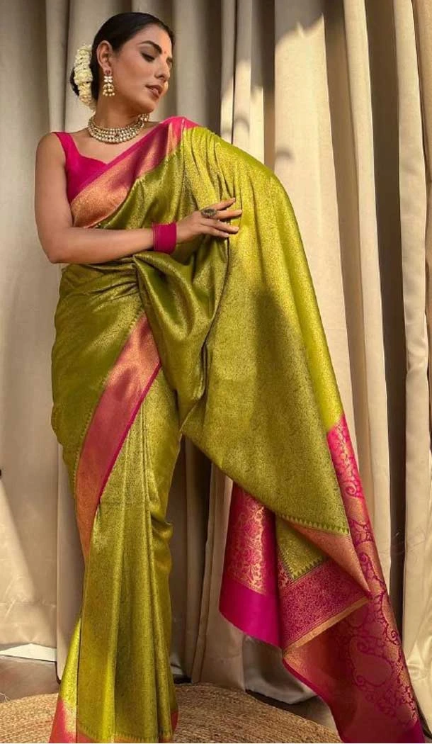 Party Wear Green Color Banarasi Soft Silk Copper Zari Weaving Work Traditional Saree - 7128174438