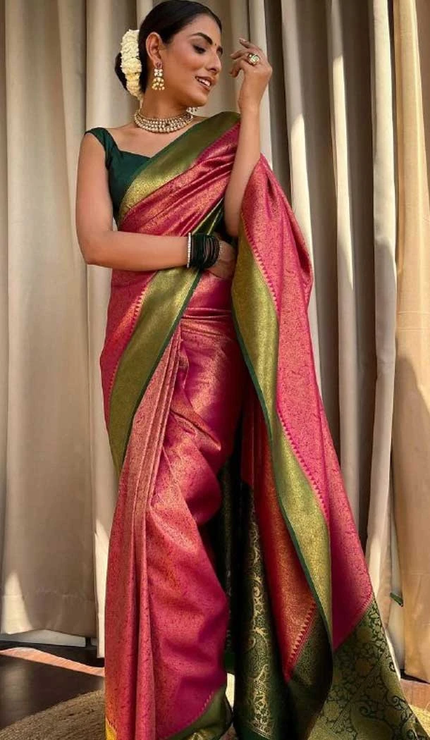 Party Wear Pink Color Banarasi Soft Silk Copper Zari Weaving Work Traditional Saree - 7128174439