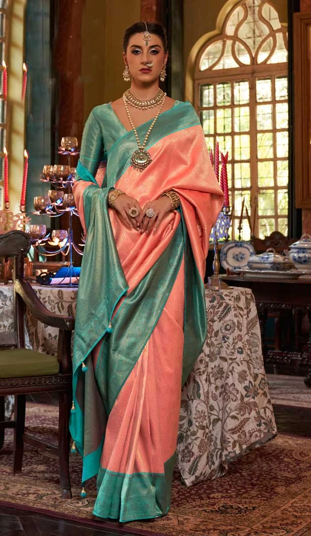 Peach Pink Color Kanjivaram Silk Woven Work Traditional Designer Wear Saree- 7080174182