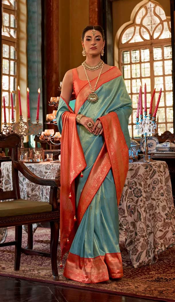 Rama Blue Color Kanjivaram Silk Woven Work Traditional Designer Wear Saree- 7080174184