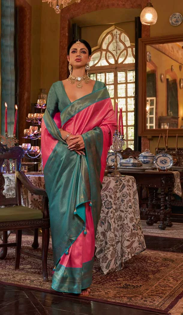Pink Color Kanjivaram Silk Woven Work Traditional Designer Wear Saree- 7080174185