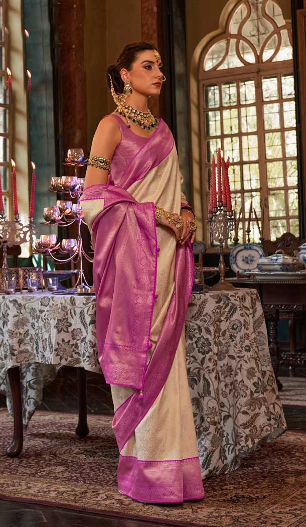 Beige Color Kanjivaram Silk Woven Work Traditional Designer Wear Saree- 7080174186