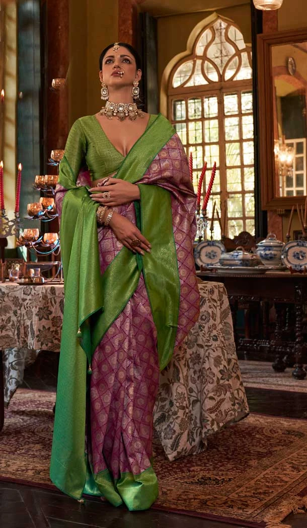 Kanjivaram Silk Purple Color Woven Work Traditional Designer Wear Saree- 7080174188