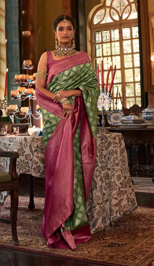 Green And Pink Color Kanjivaram Silk Woven Work Traditional Designer Wear Saree- 7080174189