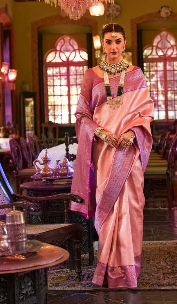 Function Wear Peach Color Kanjivaram Silk Jacquard Work Traditional Plus Size Saree - 7081174192