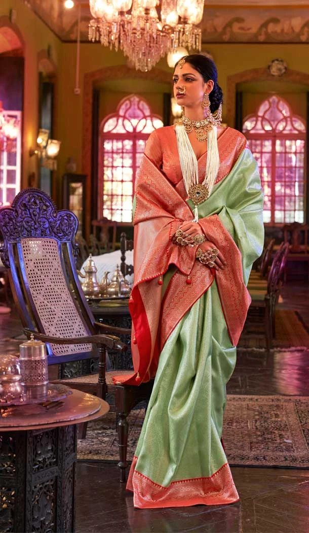 Function Wear Light Green Color Kanjivaram Silk Jacquard Work Traditional Plus Size Saree - 7081174193