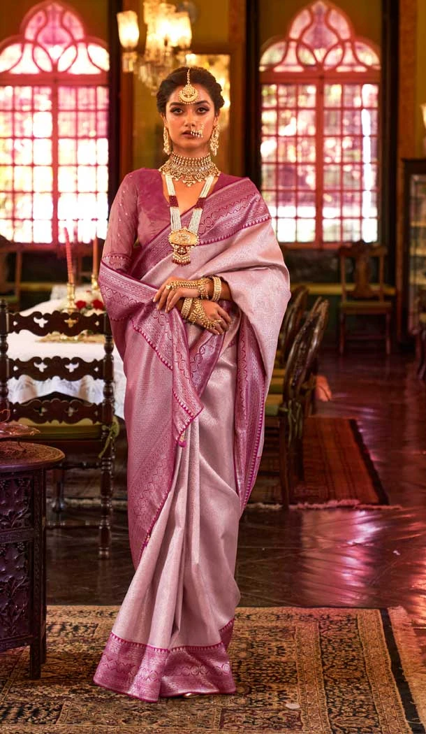 Function Wear Rose Pink Color Kanjivaram Silk Jacquard Work Traditional Plus Size Saree - 7081174194