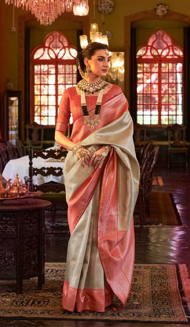 Function Wear Beige Color Kanjivaram Silk Jacquard Work Traditional Plus Size Saree - 7081174196