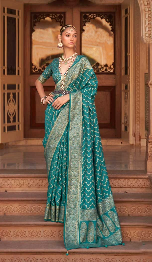 Traditional Wedding Wear Rama Green Color Jacquard Work Smooth Silk Plus Size Saree - 7082174198
