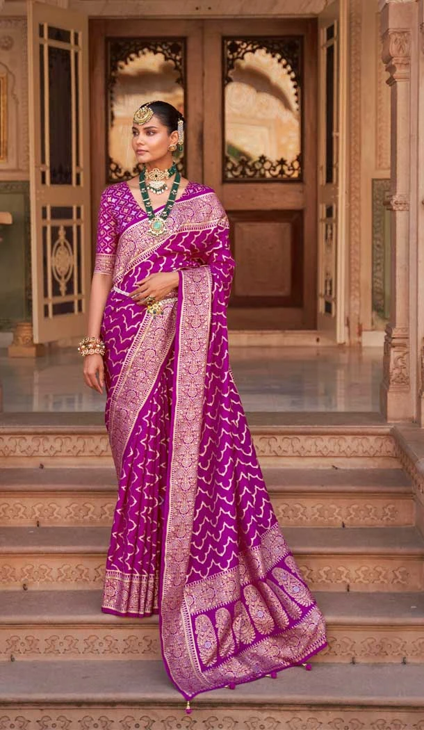 Traditional Wedding Wear Purple Color Jacquard Work Smooth Silk Plus Size Saree - 7082174199