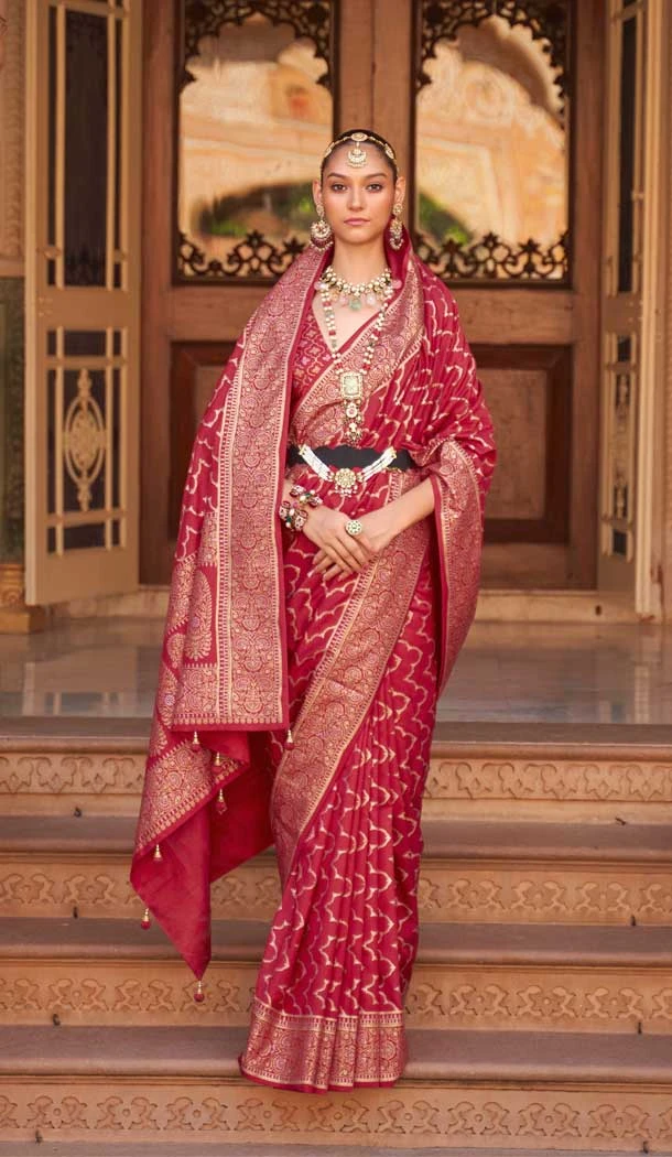 Traditional Wedding Wear Maroon Color Jacquard Work Smooth Silk Plus Size Saree - 7082174200