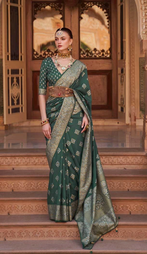 Traditional Wedding Wear Green Color Jacquard Work Smooth Silk Plus Size Saree - 7082174201