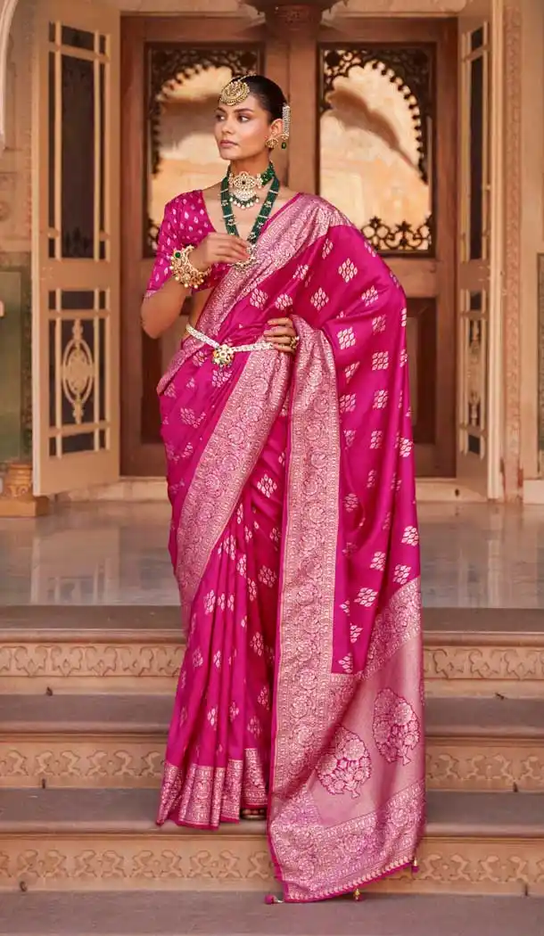 Pink Color Traditional Wedding Wear Jacquard Work Smooth Silk Plus Size Saree - 7082174202