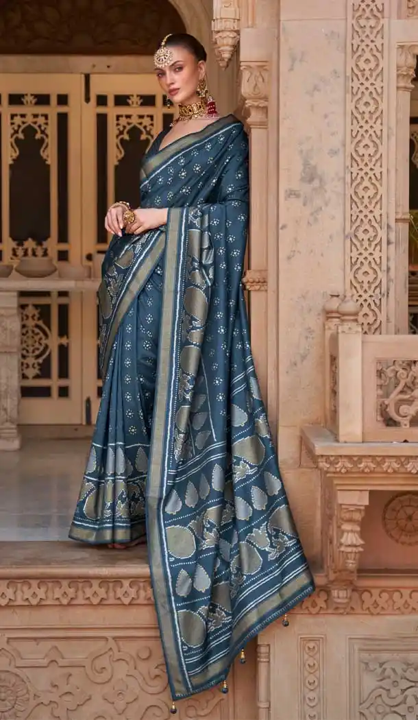 Traditional Wedding Wear Teal Color Jacquard Work Smooth Silk Plus Size Saree - 7082174205