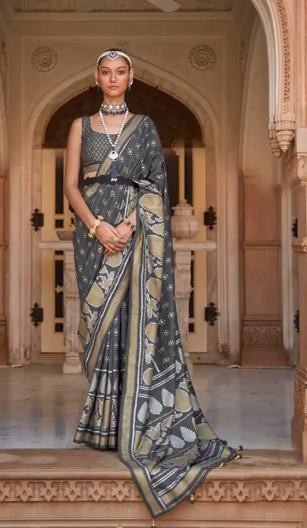 Traditional Wedding Wear Grey Color Jacquard Work Smooth Silk Plus Size Saree - 7082174206
