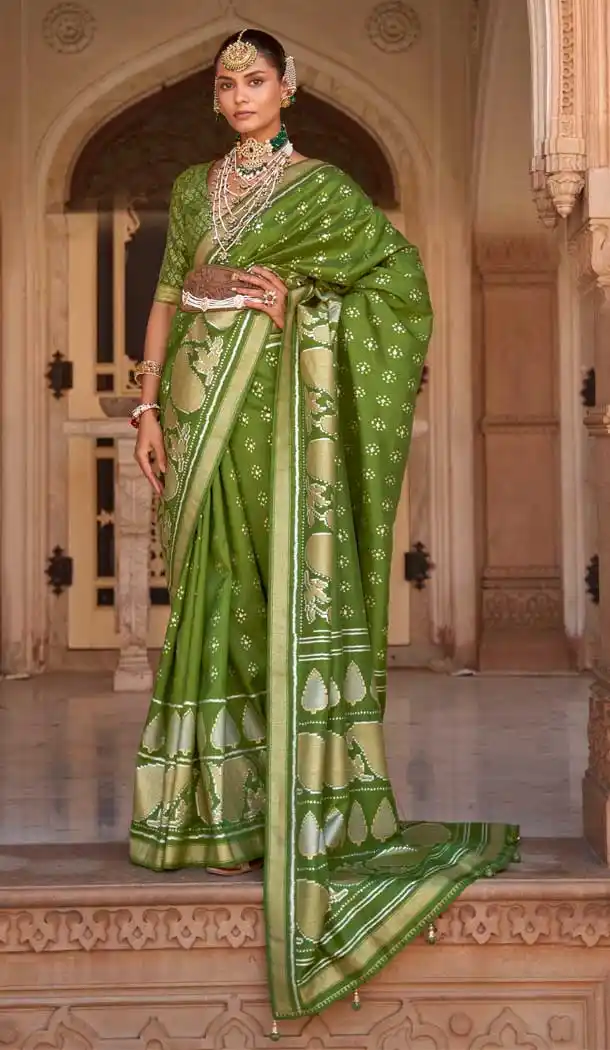 Traditional Wedding Wear Mehendi Green Color Jacquard Work Smooth Silk Plus Size Saree - 7082174207