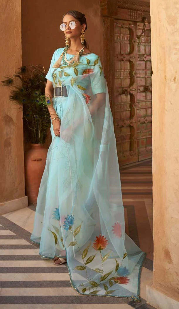 Sky Blue Color Organza Net Digital Print Work Traditional Function Wear Saree Blouse - 7084174222