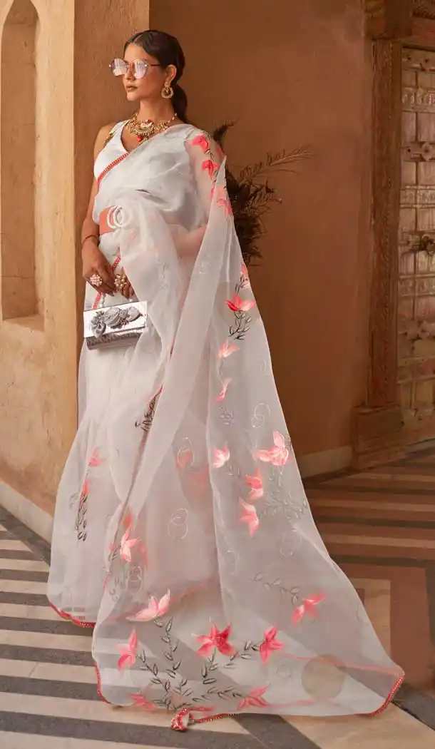 White Color Organza Net Digital Print Work Traditional Function Wear Saree Blouse - 7084174223