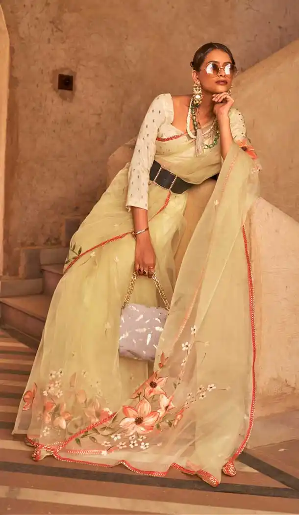 Light Yellow Color Organza Net Digital Print Work Traditional Function Wear Saree Blouse - 7084174224