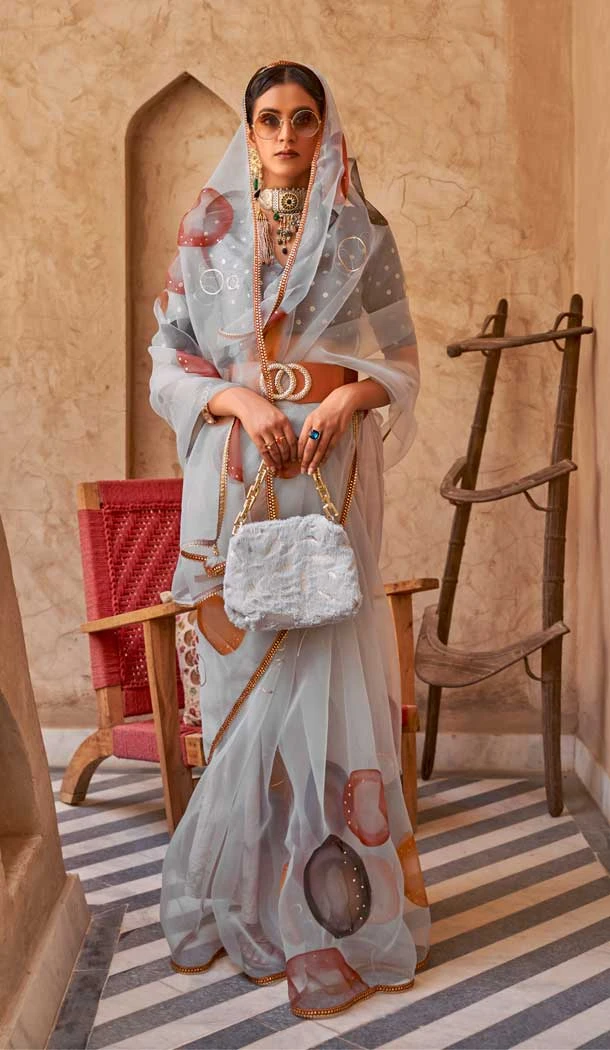 Grey Color Organza Net Digital Print Work Traditional Function Wear Saree Blouse - 7084174225
