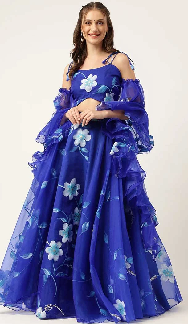 Royal Blue Color Organza Printed Work Function Wear Designer Lehenga Choli - 7101174288