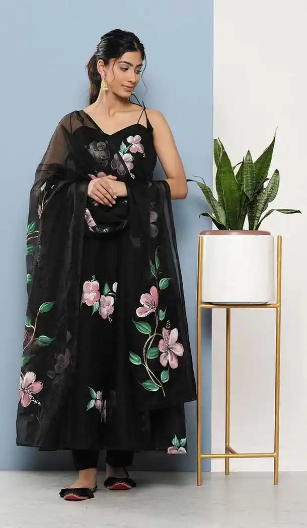Black Color Organza Floral Print Work Party Wear Readymade Salwar Suit - 7102174291