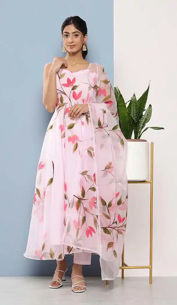 Light Pink Color Organza Floral Print Work Party Wear Readymade Salwar Suit - 7102174292