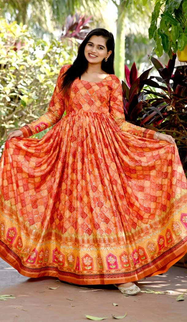 Festival Wear Chinon Orange Color Printed Work Designer Readymade Gown - 7103174294
