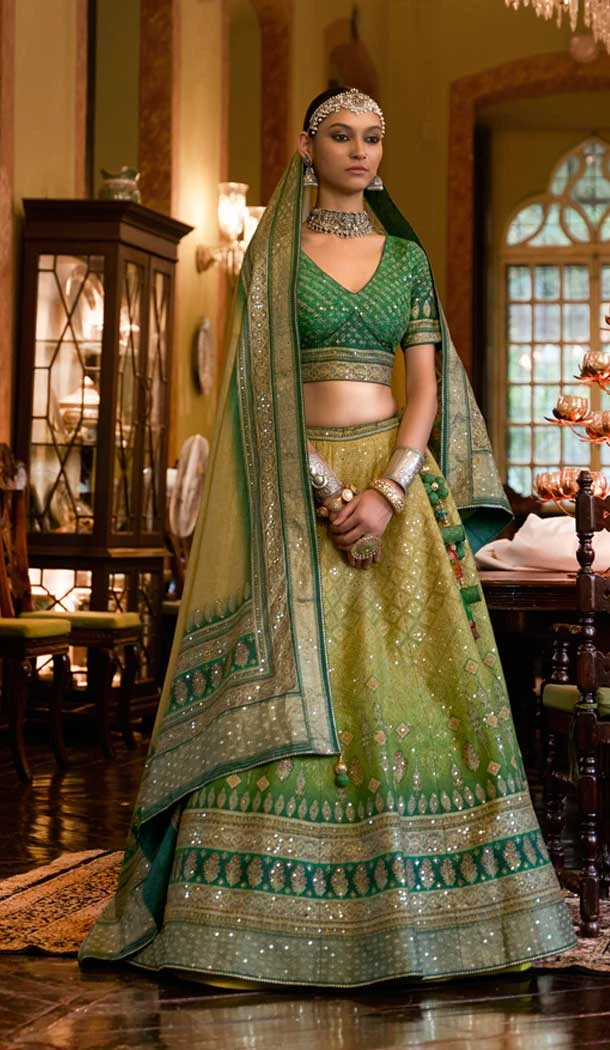 Wedding Wear Green Color Rajwadi Silk Sparkle Mirror Work Designer Lehenga Choli - 7108174326