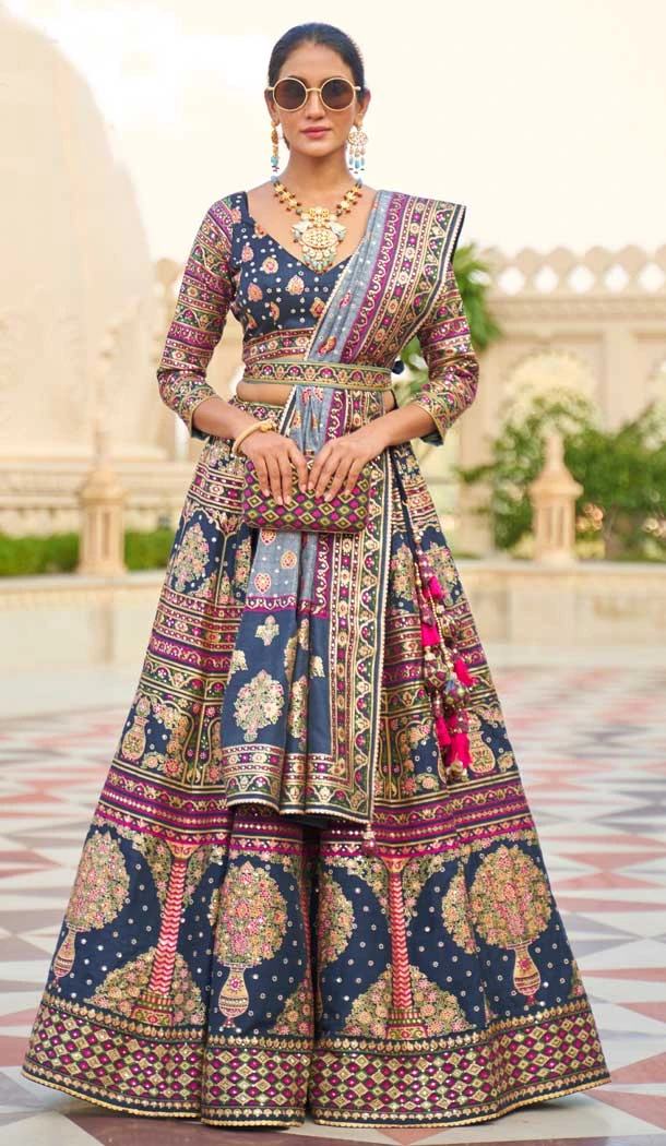 Function Wear Rajwadi Silk Navy Blue Color Mirror Work Designer Lehenga Choli - 7110174345