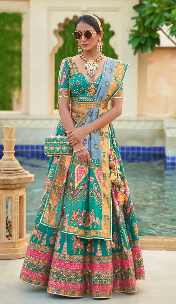 Function Wear Rajwadi Silk Rama Green Color Mirror Work Designer Lehenga Choli - 7110174348