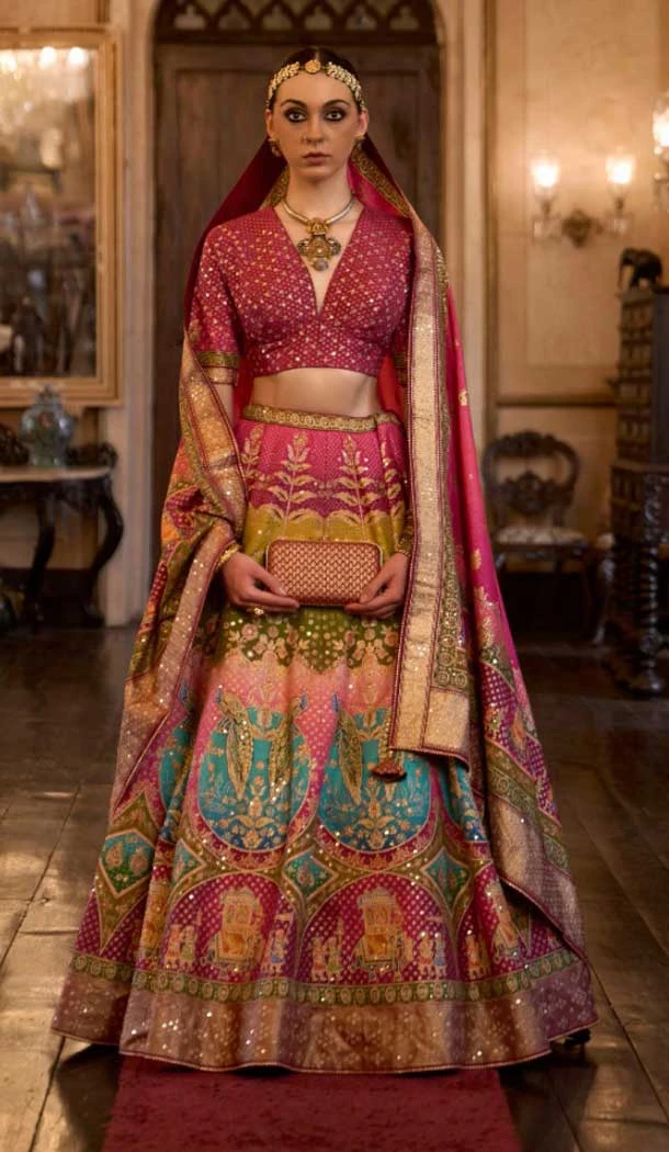 Wedding Wear Rajwadi Silk Multi Color Aari Mirror Work Designer Lehenga Choli - 7111174349