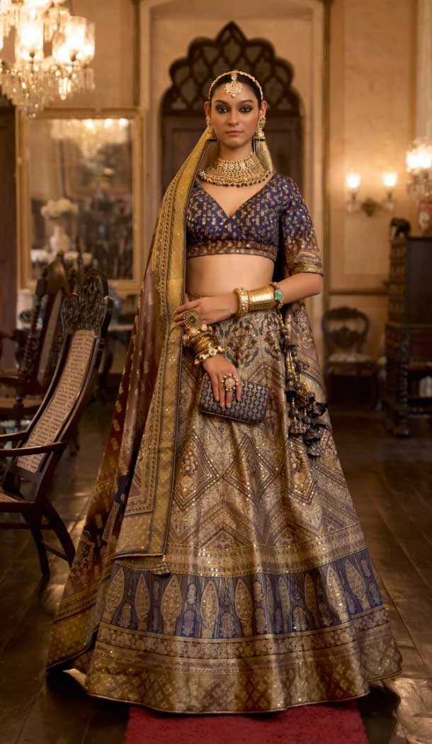 Wedding Wear Rajwadi Silk Blue Color Aari Mirror Work Designer Lehenga Choli - 7111174351