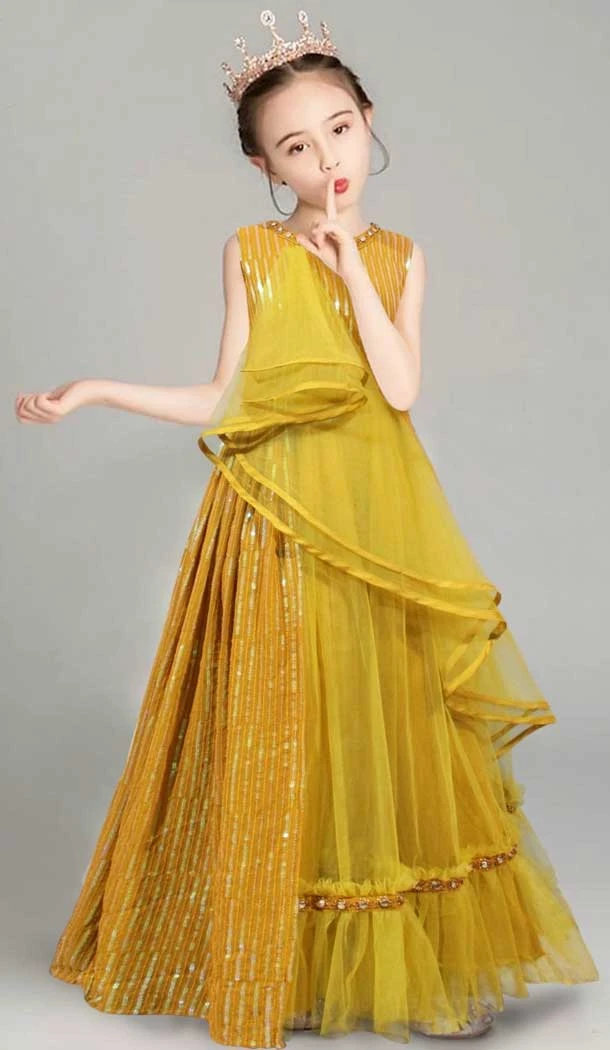 Party Wear Yellow Color Georgette Sequence Work Girl's Designer Heavy Gown - 7112174359