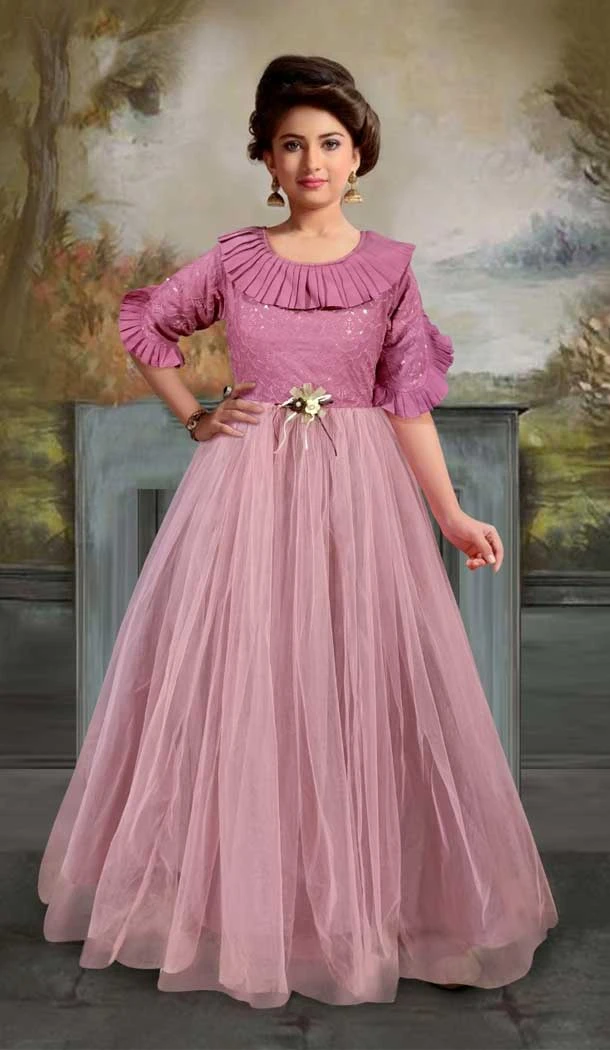 Pink Color Soft Net Sequence Work Function Wear Designer Girl's Gown - 7113174364