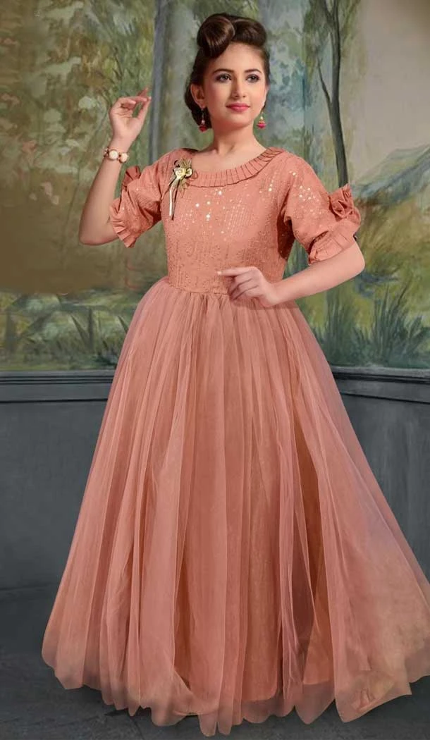 Peach Color Soft Net Sequence Work Function Wear Designer Girl's Gown - 7113174365
