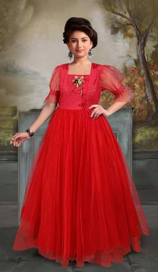 Red Color Soft Net Sequence Work Function Wear Designer Girl's Gown - 7113174368