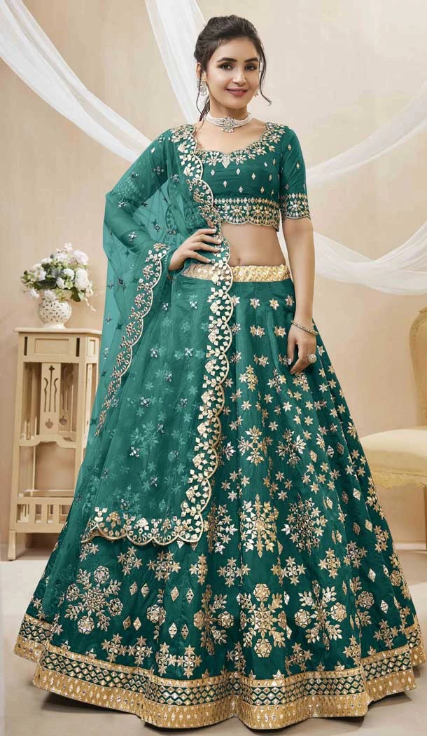 Wedding Wear Art Silk Embroidery Work Designer Heavy Lehenga Choli In Green Color - 7130174443