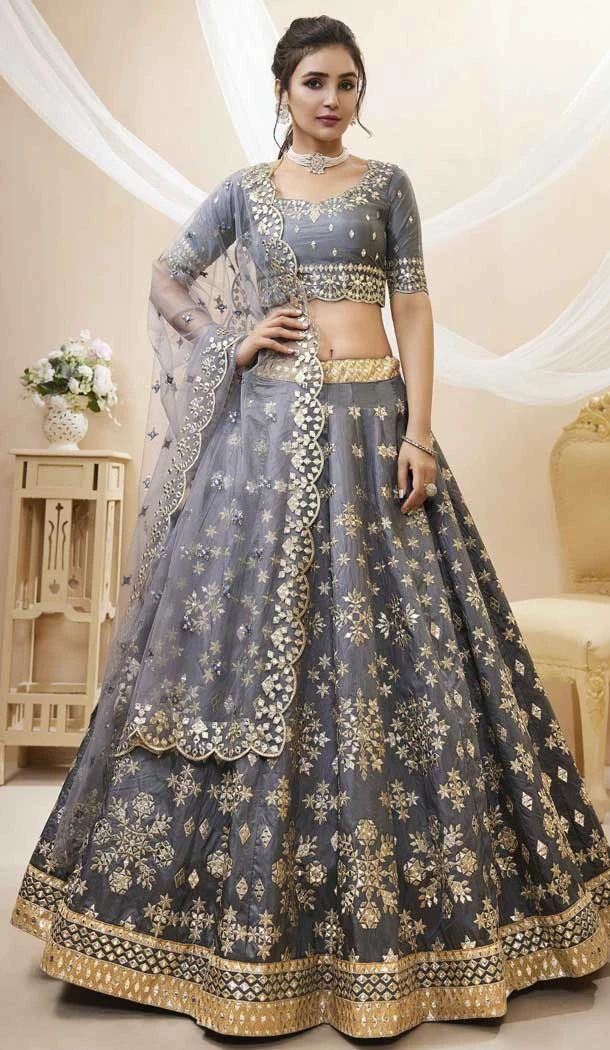 Wedding Wear Art Silk Embroidery Work Designer Heavy Lehenga Choli In Grey Color - 7130174445