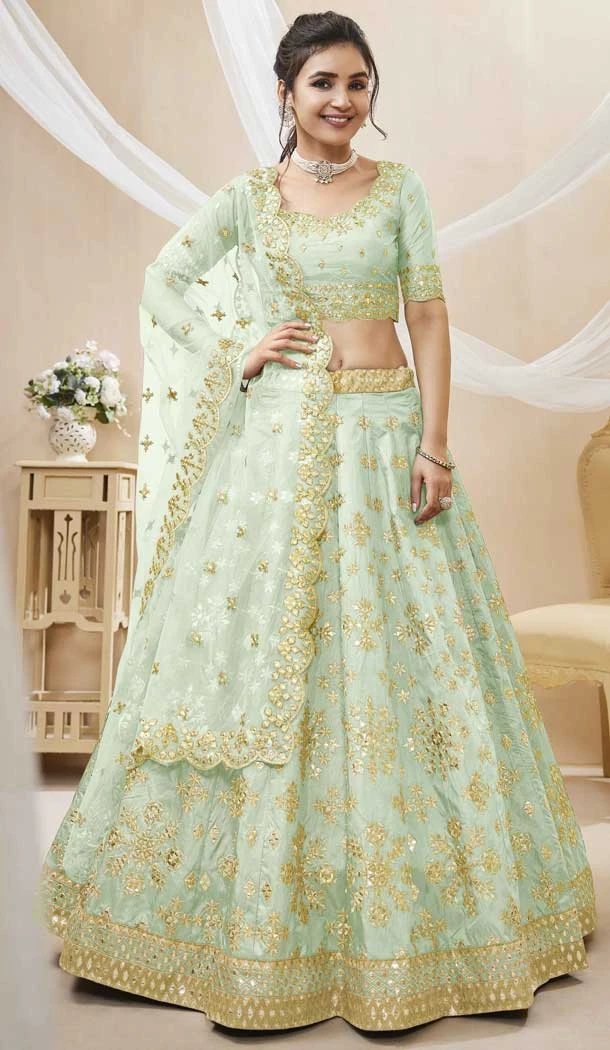 Wedding Wear Art Silk Embroidery Work Designer Heavy Lehenga Choli In Pista Color - 7130174446