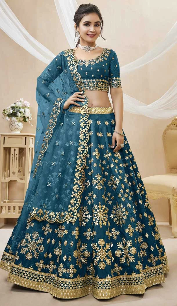 Wedding Wear Art Silk Embroidery Work Designer Heavy Lehenga Choli In Blue Color - 7130174448