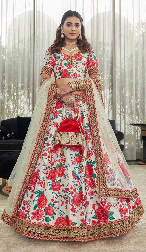 Art Silk White Red Color Digital Print Work Function Wear Designer Lehenga Choli - 7131174449