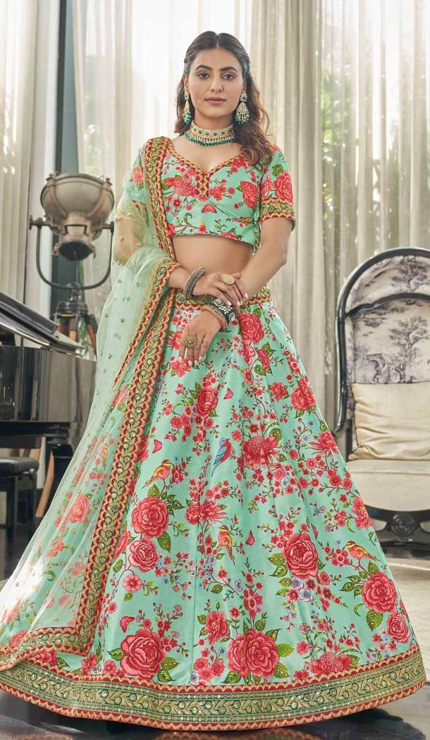 Art Silk Mint Red Color Digital Print Work Function Wear Designer Lehenga Choli - 7131174451