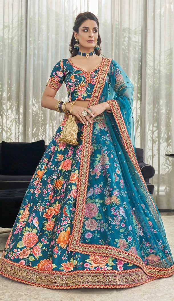 Art Silk Teal Blue Color Digital Print Work Function Wear Designer Lehenga Choli - 7131174452