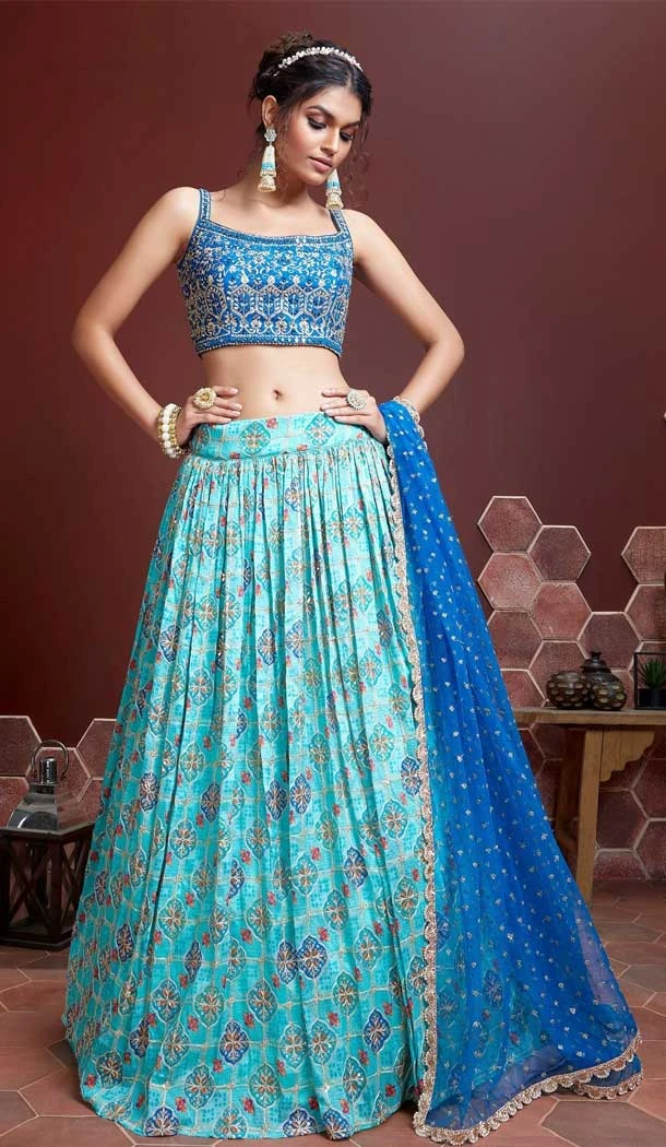 Sky Blue Color Pure Chinon Silk Heavy Embroidery Wedding Wear Designer Lehenga Choli - 7132174462